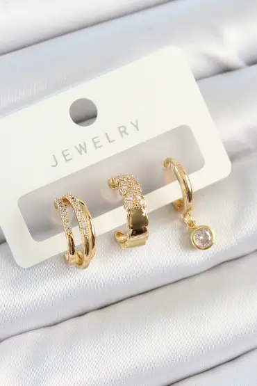 Pirinç Zirkon Taşlı Halka Model Gold Renk 3'lü Çift Kadın Küpe Set - TJ-BKP10826