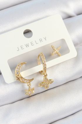Pirinç Zirkon Taşlı Çiçek Ve Ay Model Gold Renk 3'lü Çift Kadın Küpe Set - TJ-BKP10827