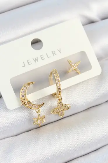 Pirinç Zirkon Taşlı Çiçek Ve Ay Model Gold Renk 3'lü Çift Kadın Küpe Set - TJ-BKP10827