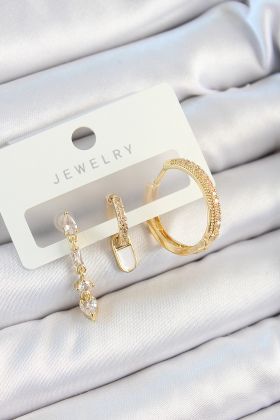Pirinç Zirkon Taşlı Sallantılı Model Gold Renk 3'lü Çift Kadın Küpe Set - TJ-BKP10829