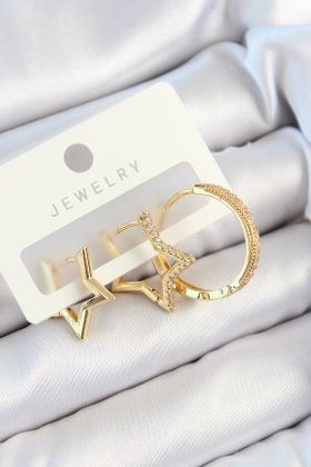 Pirinç Zirkon Taşlı Yıldız Ve Halka Model Gold Renk 3'lü Çift Kadın Küpe Set - TJ-BKP10830
