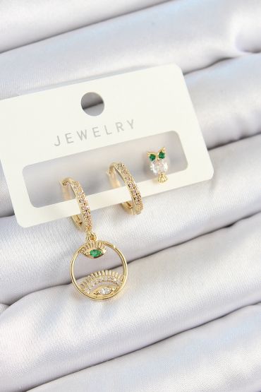 Pirinç Zirkon Taşlı Göz Ve Baykuş Model Gold Renk 3'lü Çift Kadın Küpe Set - TJ-BKP10831