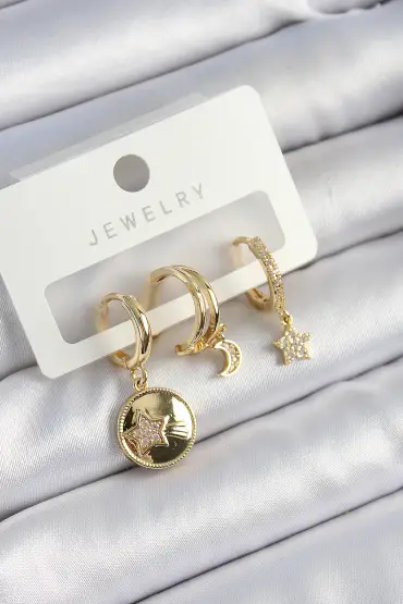 Pirinç Zirkon Taşlı Yıldız Ve Ay Model Gold Renk 3'lü Çift Kadın Küpe Set - TJ-BKP10833