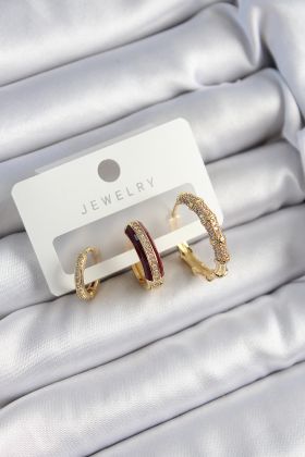 Pirinç Zirkon Taşlı Bordo Halka Model Gold Renk 3'lü Çift Kadın Küpe Set - TJ-BKP10834