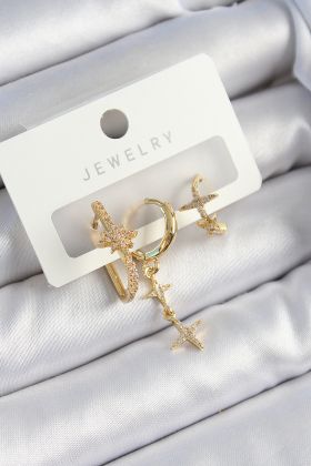 Pirinç Zirkon Taşlı Yıldız Model Gold Renk 3'lü Çift Kadın Küpe Set - TJ-BKP10837