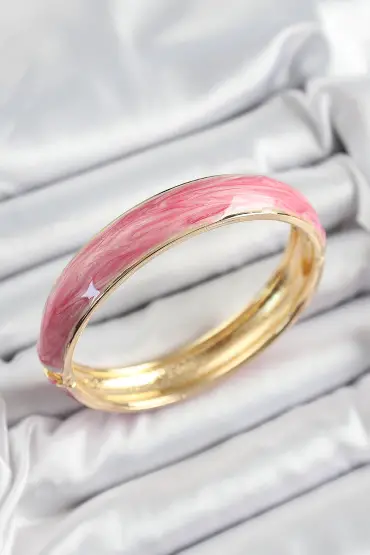 Pirinç Pembe Mineli Mermer Desen Model Gold Renk Kadın Kelepçe - TJ-BB7333