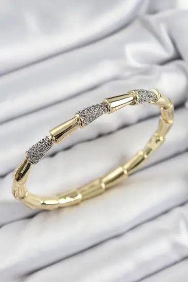 Pirinç Zirkon Taşlı Kemik Model Gold Renk Vip Kadın Bileklik - TJ-BB7339