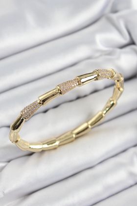 Pirinç Zirkon Taşlı Kemik Model Gold Renk Vip Kadın Bileklik - TJ-BB7341