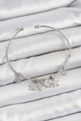 Pirinç Zirkon Taşlı Kelebek Ve Yıldız Model Gümüş Renk Charm Bileklik - TJ-BB7345