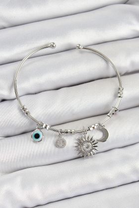 Pirinç Zirkon Taşlı Güneş Ay Ve Nazar Model Gümüş Renk Charm Bileklik - TJ-BB7346