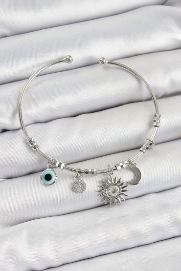 Pirinç Zirkon Taşlı Güneş Ay Ve Nazar Model Gümüş Renk Charm Bileklik - TJ-BB7346