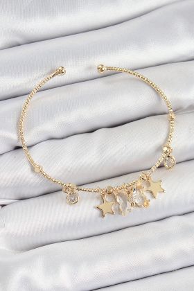 Pirinç Zirkon Taşlı Kelebek Ve Yıldız Model Gold Renk Charm Bileklik - TJ-BB7355