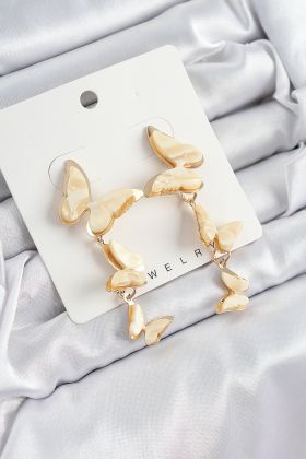Pirinç Sedef Sallantılı Mermer Desenli Kelebek Model Gold Renk Vintage Kadın Küpe - TJ-BKP10871