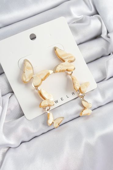 Pirinç Sedef Sallantılı Mermer Desenli Kelebek Model Gold Renk Vintage Kadın Küpe - TJ-BKP10871