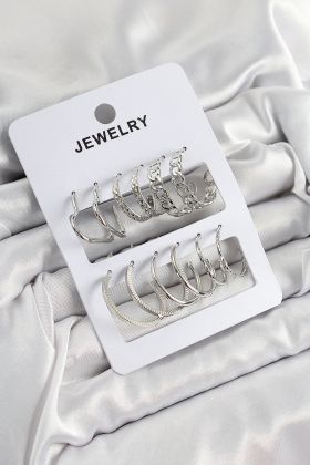 Pirinç Karışık Halka Model Gümüş Renk 6 Çift Kadın Küpe Set - TJ-BKP10876