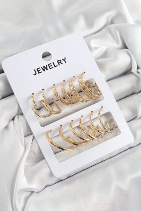 Pirinç Karışık Halka Model Gold Renk 6 Çift Kadın Küpe Set - TJ-BKP10887