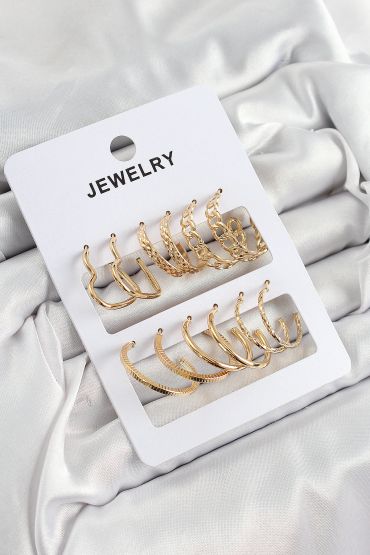 Pirinç Karışık Halka Model Gold Renk 6 Çift Kadın Küpe Set - TJ-BKP10887