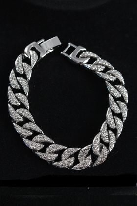 Pirinç Zirkon Taşlı Cuba Gurmet Model Gümüş Renk Erkek Bileklik - TJ-EB3751