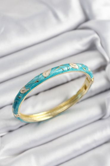 Mineli Pirinç Krem Ve Turkuaz Yaprak Motifli Gold Renk Kadın Kelepçe - TJ-BB7421