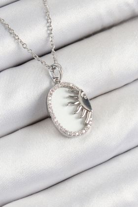 316L Çelik Zirkon Taşlı Yarım Güneş Model Gümüş Renk Kadın Kolye - TJ-BKO10344