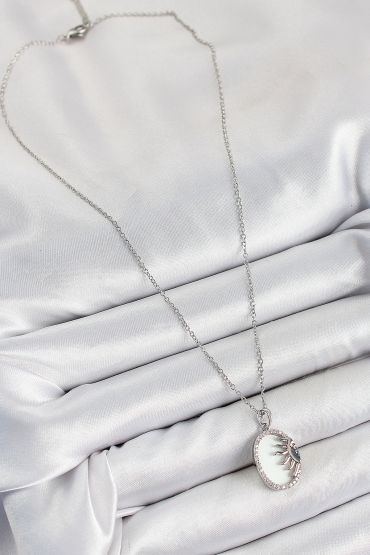 316L Çelik Zirkon Taşlı Yarım Güneş Model Gümüş Renk Kadın Kolye - TJ-BKO10344