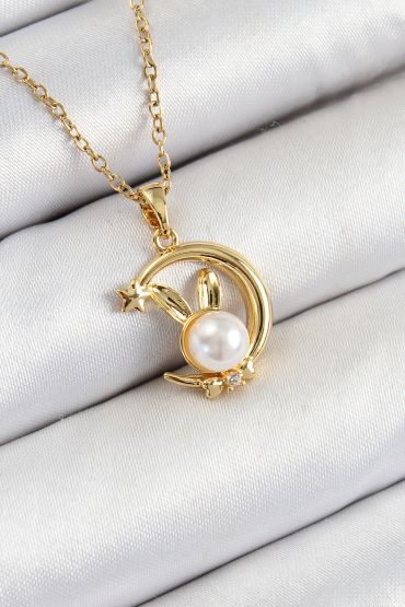 316L Çelik İnci Detaylı Hilal Tavşan Model Gold Renk Kadın Kolye - TJ-BKO10347