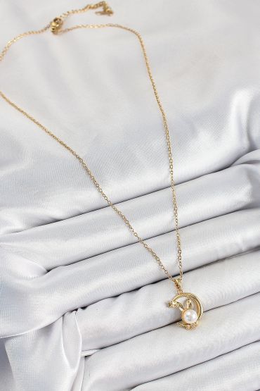316L Çelik İnci Detaylı Hilal Tavşan Model Gold Renk Kadın Kolye - TJ-BKO10347