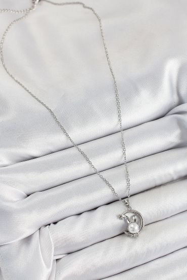 316L Çelik İnci Detaylı Hilal Tavşan Model Gümüş Renk Kadın Kolye - TJ-BKO10348