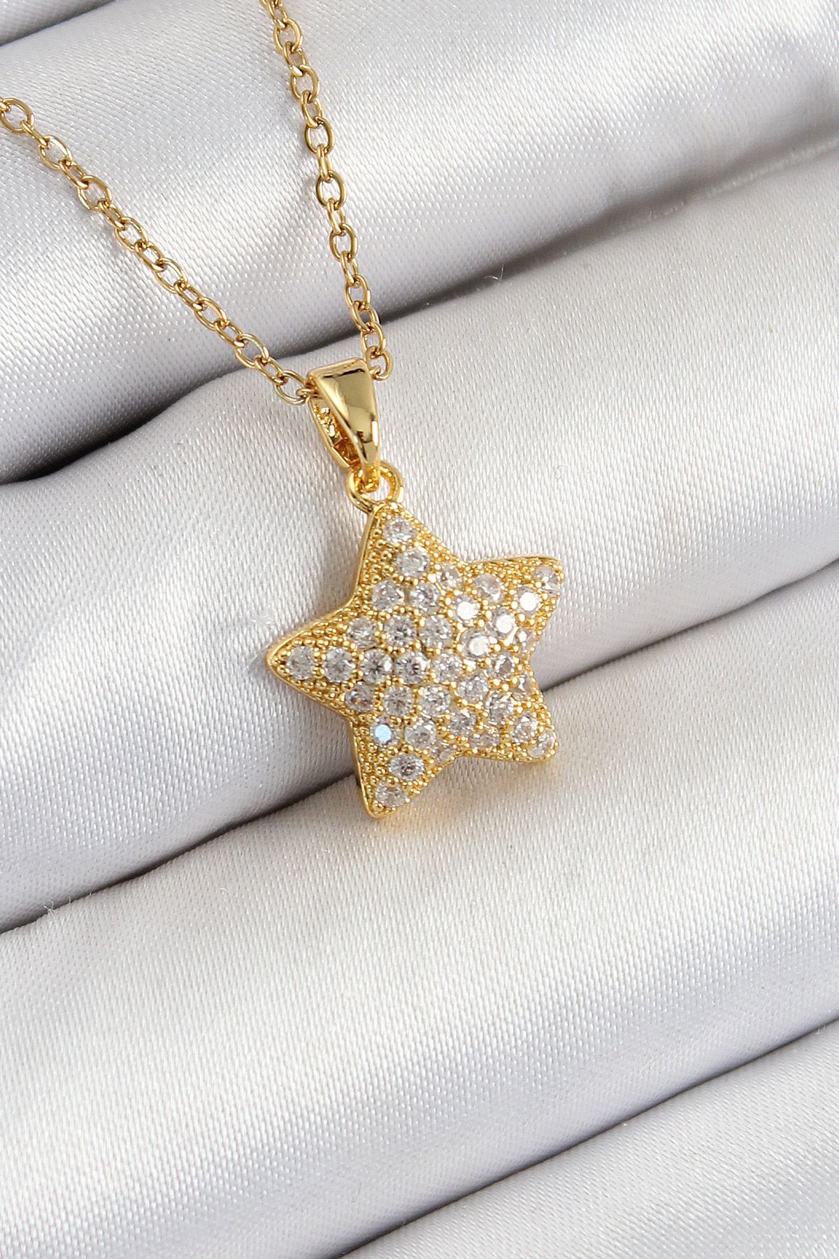 316L Çelik Zirkon Taşlı Yıldız Model Gold Renk Kadın Kolye - TJ-BKO10351