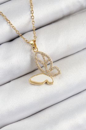 316L Çelik Zirkon Taşlı Kelebek Model Gold Renk Kadın Kolye - TJ-BKO10359