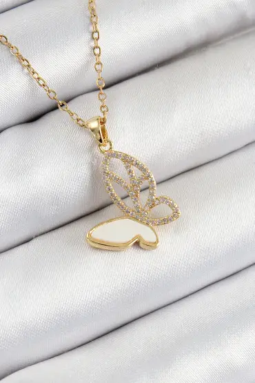 316L Çelik Zirkon Taşlı Kelebek Model Gold Renk Kadın Kolye - TJ-BKO10359