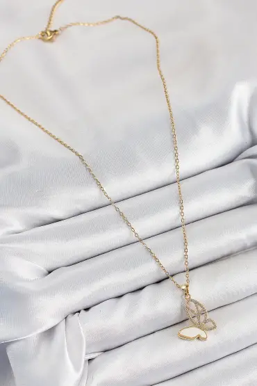316L Çelik Zirkon Taşlı Kelebek Model Gold Renk Kadın Kolye - TJ-BKO10359