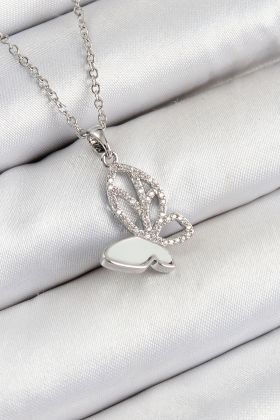 316L Çelik Zirkon Taşlı Kelebek Model Gümüş Renk Kadın Kolye - TJ-BKO10360
