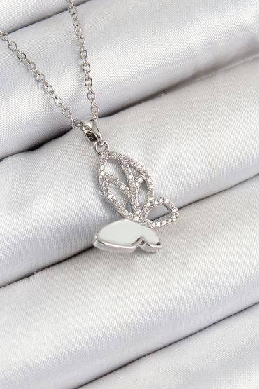 316L Çelik Zirkon Taşlı Kelebek Model Gümüş Renk Kadın Kolye - TJ-BKO10360
