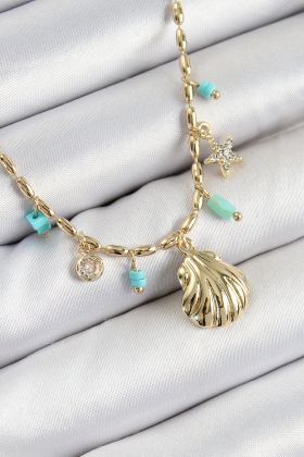 Pirinç Zirkon Taşlı Deniz Kabuğu Model Gold Renk Kadın Kolye - TJ-BKO10368