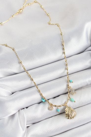 Pirinç Zirkon Taşlı Deniz Kabuğu Model Gold Renk Kadın Kolye - TJ-BKO10368