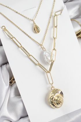 Pirinç Çoklu Zincirli İncili Deniz Kabuğu Model Gold Renk Kadın Kolye - TJ-BKO10370
