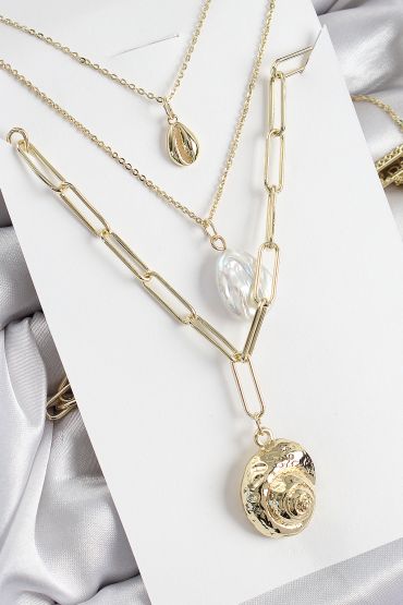 Pirinç Çoklu Zincirli İncili Deniz Kabuğu Model Gold Renk Kadın Kolye - TJ-BKO10370