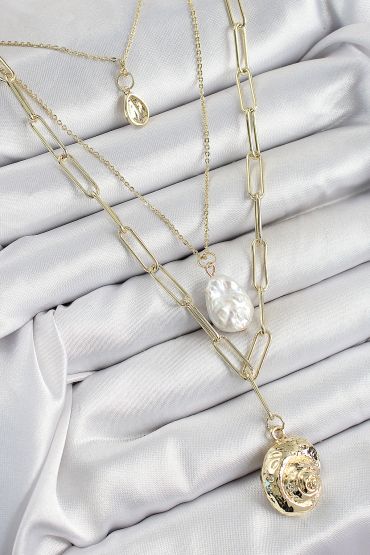Pirinç Çoklu Zincirli İncili Deniz Kabuğu Model Gold Renk Kadın Kolye - TJ-BKO10370