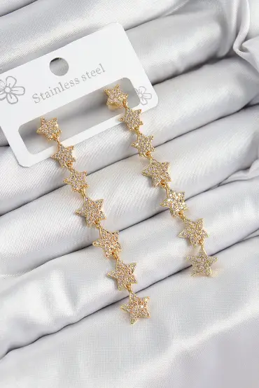 Pirinç Zirkon Taşlı Sallantılı Yıldız Model Gold Renk Kadın Küpe - TJ-BKP10912