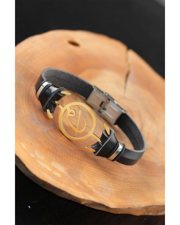 Gold Renk Elif Vav Metal Aksesuarlı Siyah Renk Deri Erkek Bileklik - TJ-EB2540-KS
