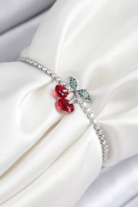 Pirinç Zirkon Taşlı Kiraz Model Gümüş Renk Asansörlü Kadın Bileklik - TJ-BB7454