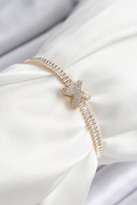 Pirinç Zirkon Taşlı X Detaylı Su Yolu Model Gold Renk Asansörlü Kadın Bileklik - TJ-BB7468