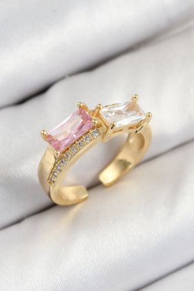 Pirinç Zirkon Taşlı Dikdörtgen Model Gold Renk Kadın Yüzük - TJ-BYK3797