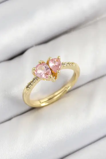 Pirinç Zirkon Taşlı Pembe Kalp Model Gold Renk Kadın Yüzük - TJ-BYK3802