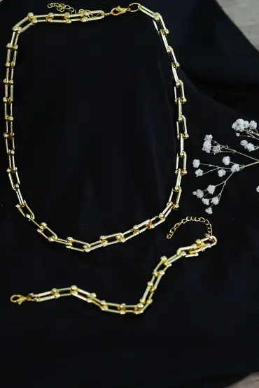 Gold Renk Kadın Kalın Zincir Takı Seti Kolye ve Bileklik 2li