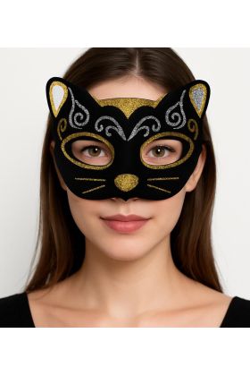 Kadife Dokulu Sim Detaylı Işıltılı Kedi Maskesi Altın Gümüş 20x13 cm