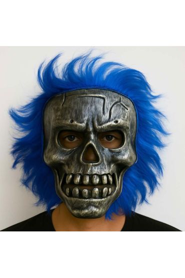 Wild Skull - Gümüş Kafatası Mavi Saçlı İskelet Maske