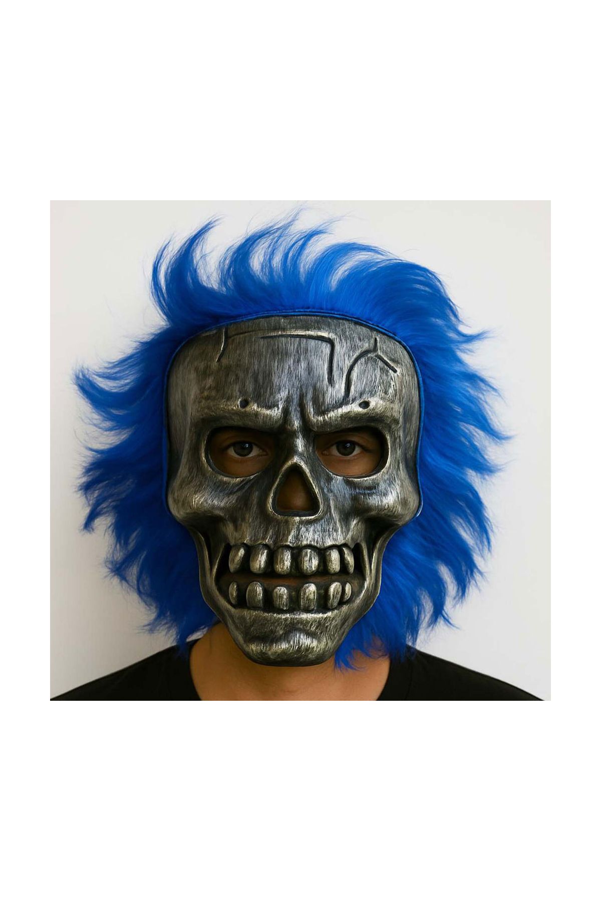 Wild Skull - Gümüş Kafatası Mavi Saçlı İskelet Maske