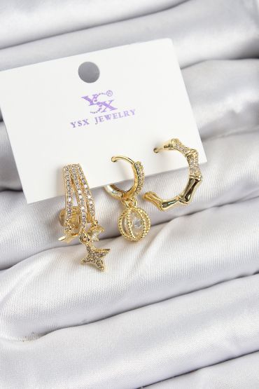 Pirinç Zİrkon Taşlı Sallantılı Yıldız Model Gold Renk 3'lü Kadın Küpe - TJ-BKP10938